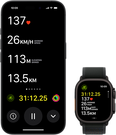 Live Activity showing a person's biking metrics on both their Ultra 2 and their iPhone