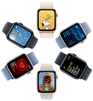 An overhead view of six Apple Watch SE screens displaying a Snoopy wallpaper, Sleep app insights, Workout app metrics, an incoming call, heart rate, and Weather app.