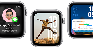 Translate app, Check in app, Photos face, Modular watch face, and Vitals app, on five Apple Watch SE devices