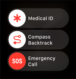 The emergency call slider being displayed along with the Medical ID and Compass Backtrack sliders