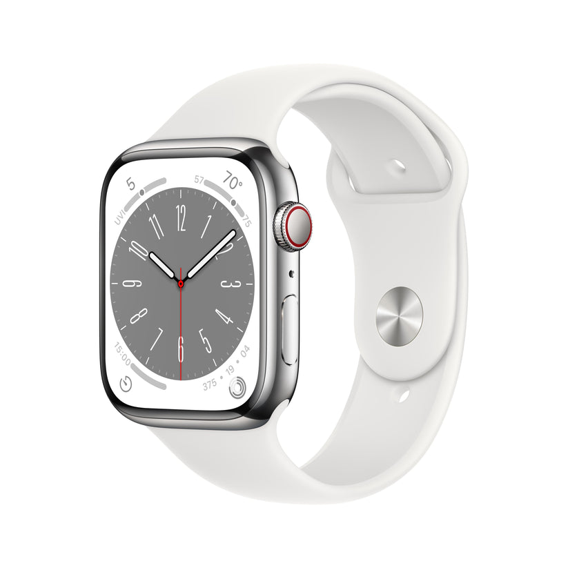 Apple Watch Series 8 GPS + Cellular 45mm Silver Stainless Steel Case with White Sport Band - Regular Get best offers for Apple Watch Series 8 GPS + Cellular 45mm Silver Stainless Steel Case with White Sport Band - Regular