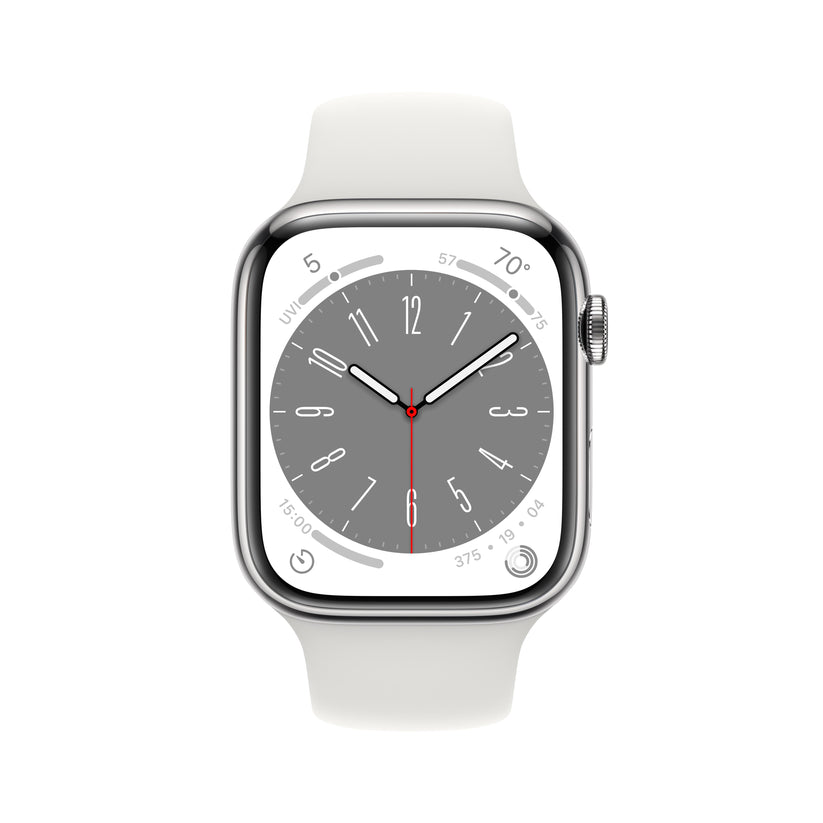 Apple Watch Series 8 GPS + Cellular 45mm Silver Stainless Steel Case with White Sport Band - Regular Get best offers for Apple Watch Series 8 GPS + Cellular 45mm Silver Stainless Steel Case with White Sport Band - Regular