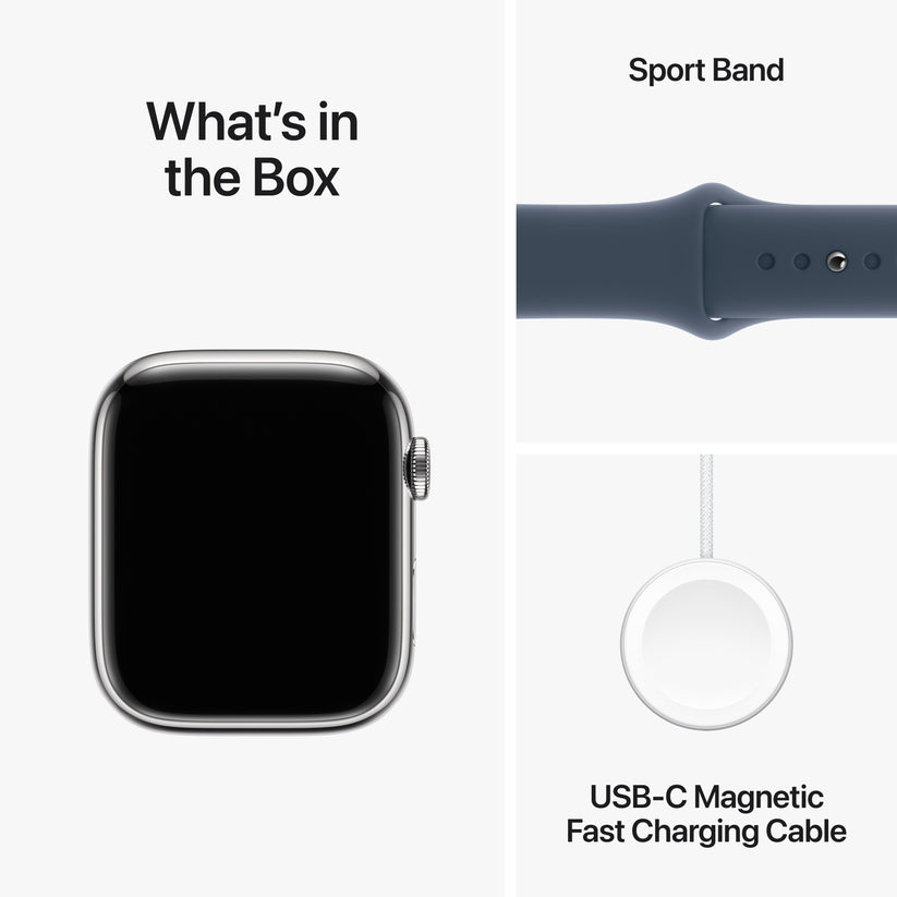 Apple Watch Series 9 GPS + Cellular 45mm Silver Stainless Steel Case with Storm Blue Sport Band - M/L Get best offers for Apple Watch Series 9 GPS + Cellular 45mm Silver Stainless Steel Case with Storm Blue Sport Band - M/L
