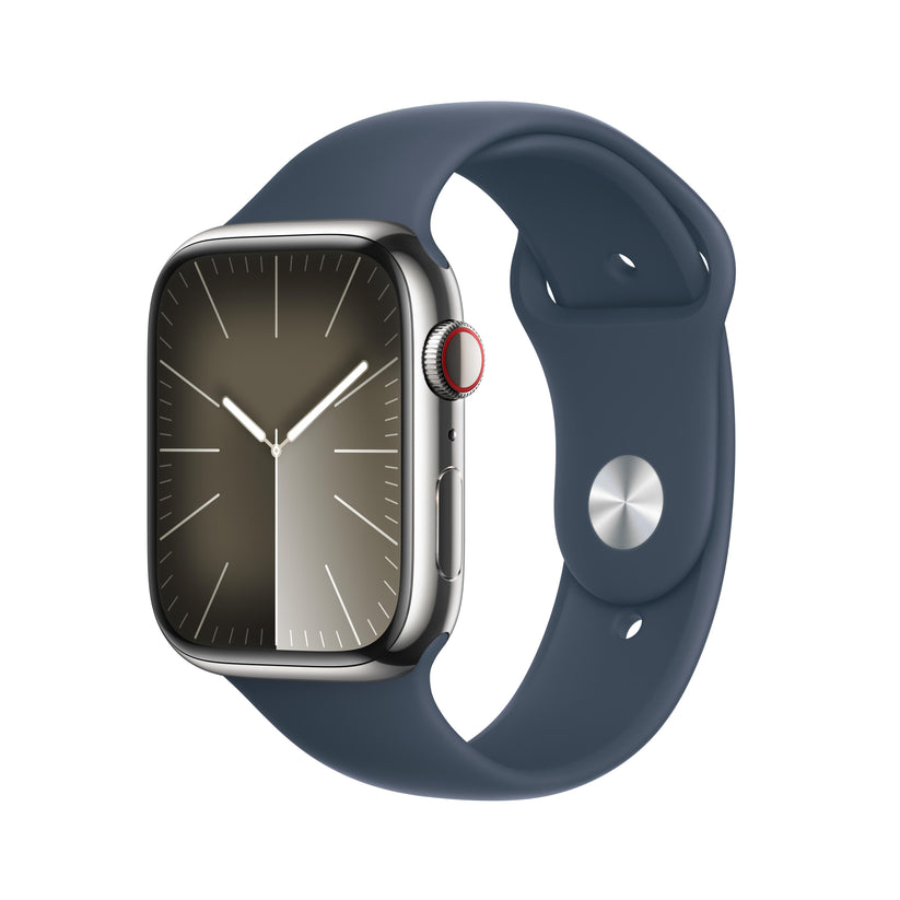 Apple Watch Series 9 GPS + Cellular 45mm Silver Stainless Steel Case with Storm Blue Sport Band - M/L Get best offers for Apple Watch Series 9 GPS + Cellular 45mm Silver Stainless Steel Case with Storm Blue Sport Band - M/L