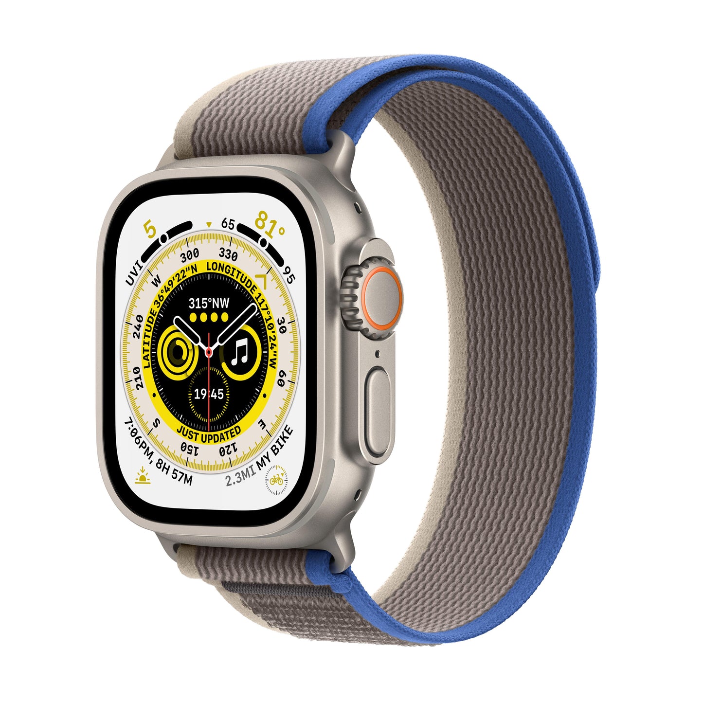Apple Watch Ultra GPS + Cellular, 49mm Titanium Case with Blue/Grey Trail Loop - S/M
