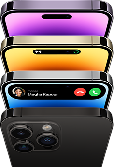 iPhone 14 Pro in four different colors — Space Black, Blue, Gold, and Deep Purple. One model shows the back of the phone and the other three show the front view of the display.